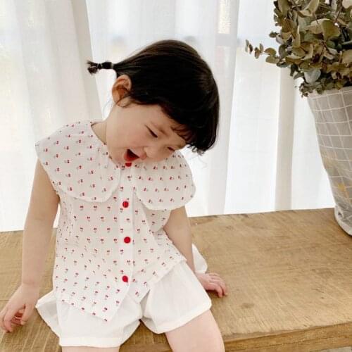 Toddler Girls Shirts Stylish Cherry Print Lapel Tops for Girl Kids Clothing 2020 Summer Baby Girl Shirt 2 3 4 5 6 Years Baby Tee