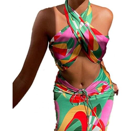Sexy Summer Women Dress Two-piece suit Outfit Sleeveless Backless Bandage Halter Top Drawstring Skirt Summer Beach 3XL