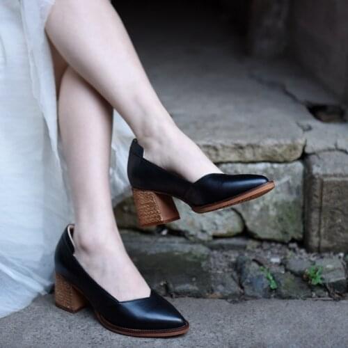 Artmu Original Retro High Heels Women Shoes Female Work Shoes Thick Heel 6.5 cm Pointed Head Shallow Shoes Black Genuine Leather