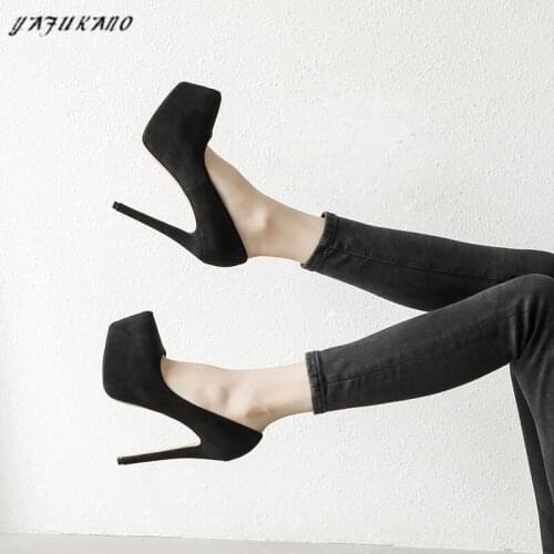 Sexy 12 Cm Super High Heels Pointed Platform Lady Pumps Black Suede Women Work Shoes Shallow Mouth Stiletto Catwalk Single Shoes