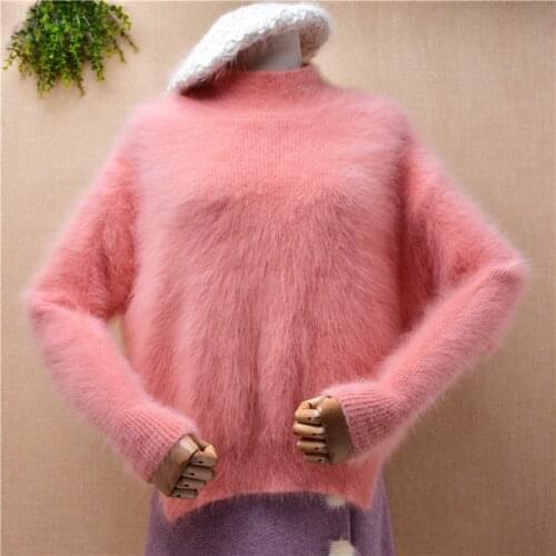 Ladies women fashion sweet pink hairy mink cashmere knitted turtleneck loose pullover angora rabbit fur jumper sweater pull tops
