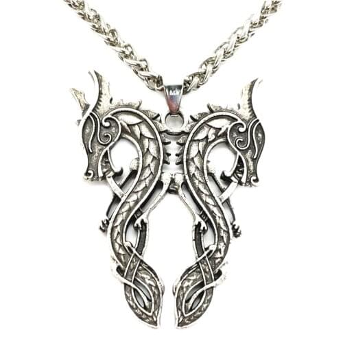 Nostalgia Double Dragons Pendant Gothic Animal Dragon Viking Necklace Women Sweater Jewelry
