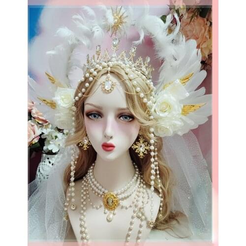 Goddess Halo Hair Crown Flower Wedding Angel Feather Wing Headband Ancient Lolita Gorgeous Baroque Pearl tassel Tiara Headdress