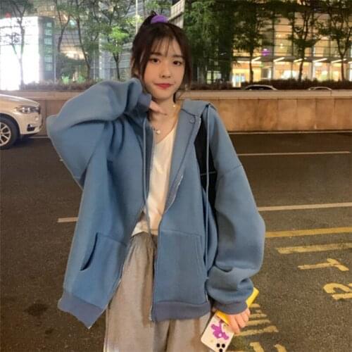 2020 New Arrival zip-up Women Korean Style hoodies Vintage Solid Long Sleeve Oversized Hooded Sweatshirt Casual Large Coats
