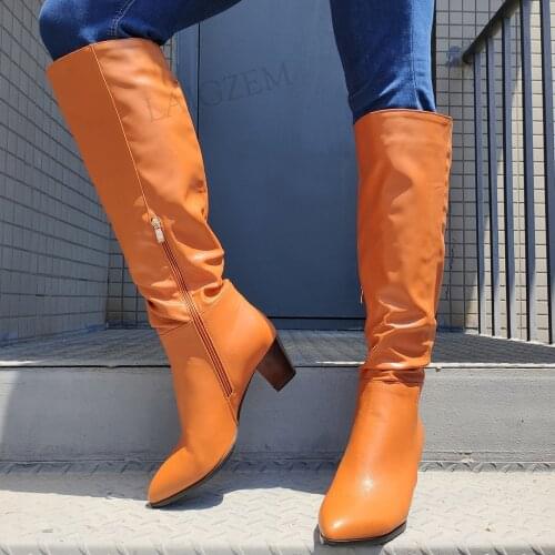 BERZIMER Women Knee High Heels Boots Side Zip Block Heels Pleated Tall Boots Handmade Female Shoes Woman Big Size 33 42 44 46