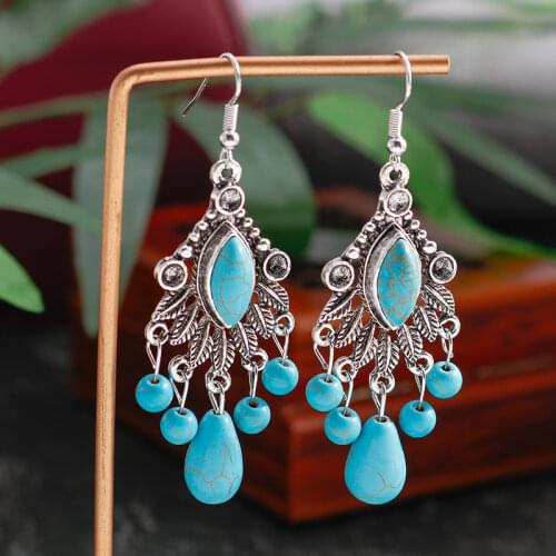 Tenande Vintage Bohemian Multiple Leaves Drop Earrings Natural Stone Beads Water Droplets Tassel Dangle Earrings for Women