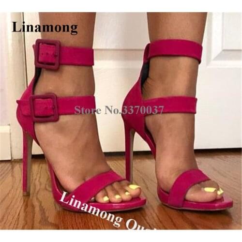 Linamong Women Fashion Open Toe Suede Leather Stiletto Heel Gladiator Sandals Ankle Buckle Straps High Heel Sandals Dress Heels