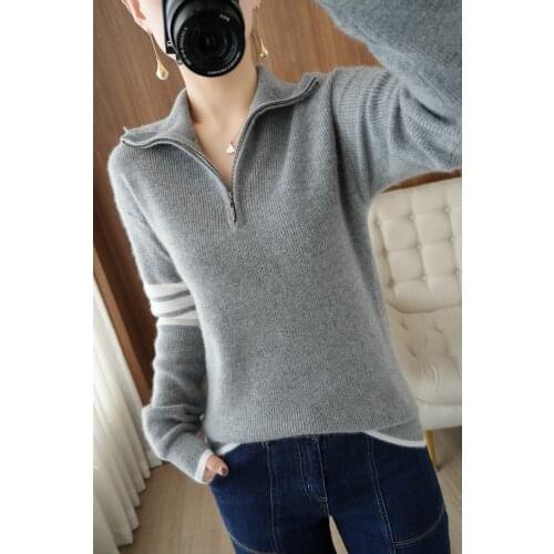 Zocept Spring Autumn Knitted Zipper Neck Pullovers Womens Casual Pure Wool Street Wear All-Match Stitching Color Sweater Jumper
