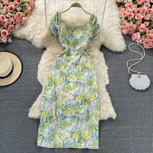 2021 summer new style temperament square neck floral high waist slim dress lady temperament goddess fan dress long skirt