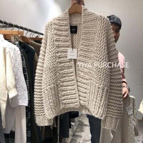 Winter Womens Thick Cardigan Sweater Coat Thick Wool Handmade Woven Sweaters Cardigan Shawl High Street Style Warm Gray Sweater