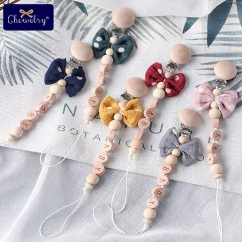 1pc baby pacifier clip chain Color bow personalise name wooden rodent beech beads nipple holder Soother Clasp chain baby product