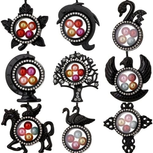 5pcs Black Animals Living Memory Glass Locket Pendant Rhinestone Magnetic Floating Charms Photo Lockets