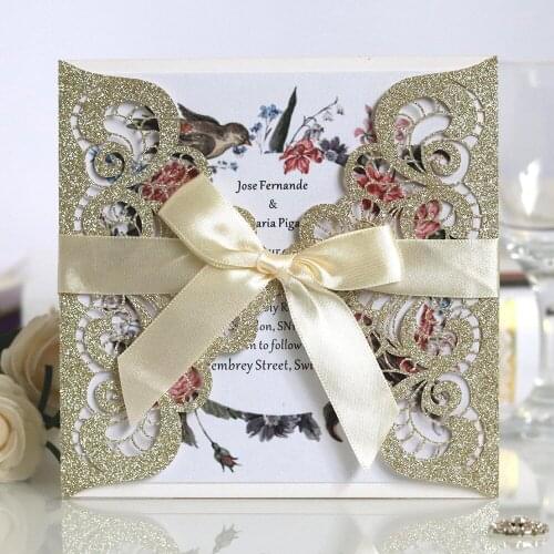 50 Piece/Lot) Champagne Glittery Wedding Invitations With Personalized Print Insert And Ribbon DIY Cards For Baby Shower Party