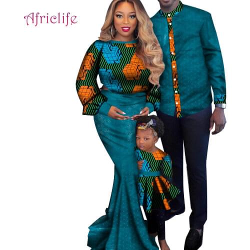African Couple Suits Family Matching Clothes Long Dresses For Women Men Dashiki Shirt Matching Clothing For Party Wedding WYQ732
