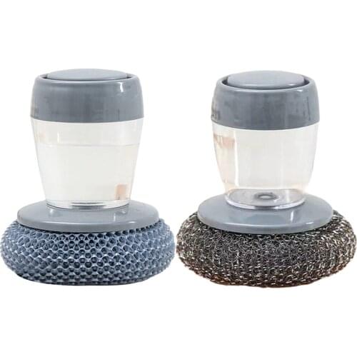 Automatic Liquid Adding Steel Wire Ball Brush Pot Artifact Short Handle Cleaning Brush Kitchen Dish Washing Brush