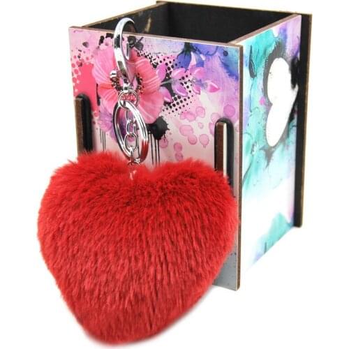 New Fashion Fluffy Faux Rex Rabbit Fur Heart Pom Ball Key Chain Ring Woman Bag Charms Keychain Man Car Keyring Jewelry Trinkets
