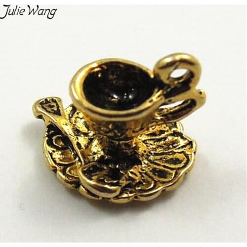 Julie Wang 10PCS Wholesale Gold Tone Zinc Alloy Retro Coffee Cup Set With Spoon Zinc Alloy Cute Pendant Charms Trinket Accessory