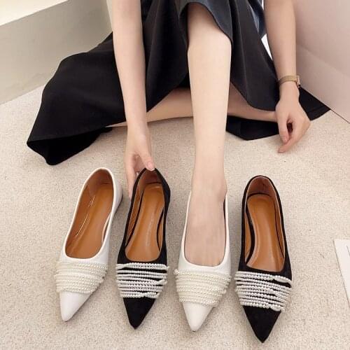 Elegant Temperament Exquisite Pearl Flat Shoes Spring And Autumn New Style All-Match Pointed Shallow Mouth Ladies Single Shoes