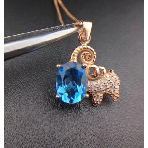 Elegant Lovely sheep natural blue topaz Pendant natural gemstone pendant necklace S925 silver women girl gift party jewelery