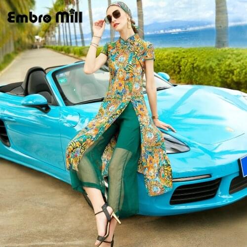 Two-Piece Suit Women Summer New Mid-Length Retro Silk Top + Fashionable High-Waist Drape Wide-Leg Pants S-XL