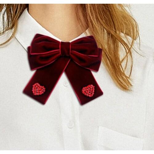 Korean Vintage Velvet Bow Tie Green Red Solid Fabric Brooch Bowtie Jewelry Shirt Collar Pin Bowknot Hair Accessories for Women