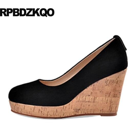 Female Round Toe Fashion High Heels Luxury Brand Women Shoes 2019 Black Quality Wedge Pumps Size 4 34 Genuine Leather Blue Suede