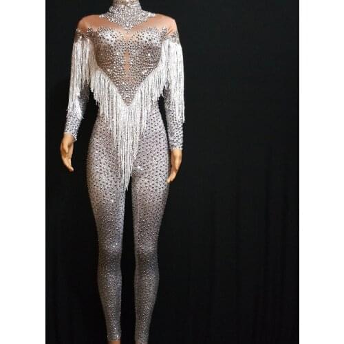 Fashion Silver Rhinestones Nude Stretch Jumpsuit Sexy Fringes Dance Bodysuit Performance Celebrate Stage Show Costume Wear