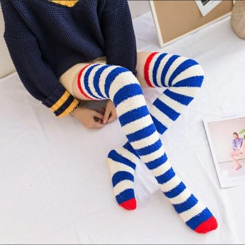 New Winter Thigh High Socks Coral Velvet Knee Socks Thick Warm Striped Stockings Christmas Sexy Stocking Stuffers