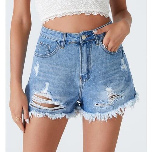Blue Hole Tassel Denim Shorts Womens High Waist Straight Leg Ripped Streetwear Lady 2021 Summer New Cotton Jeans Shorts Female