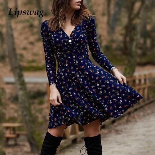 Vintage Elegant Floral Print Mini Dress Women 2021 Spring Fashion Long Sleeve Loose A-Line Dresses Female V-Neck Casual Vestidos