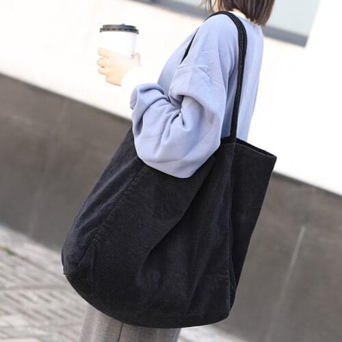 Women Fashion Corduroy Shoulder Bag Large Capacity Female Big Tote Handbag Folding Reusable Shopping Bags Thin Strap Cloth Bags