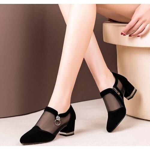 Women High Heel Shoes Mesh Breathable Pumps Zip Pointed Toe Thick Heels Fashion Female Dress Shoes Elegant Footwear New