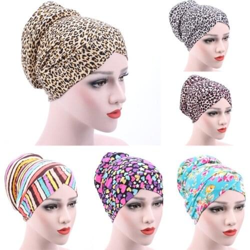 Womens Muslim Headdress Turban Bonnet Cotton Flower Print Inner Hijab Caps Arab Wrap Femme Islamic Headscarf Hats Lepord PW216