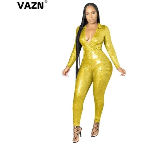 VAZN 2020 Autumn New Arrival Young Sexy Free Soft Elastic Solid Deep V-Neck Full Sleeve High Waist Slim Women Pencil Jumpsuits