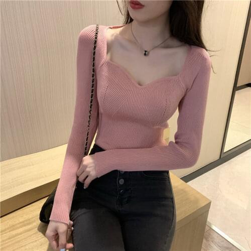 Woman Sweaters Womens Square Collar Collarbone Long Sleeve Spring Autumn Slim Fit Inner Wear Sweater Knitwear Top