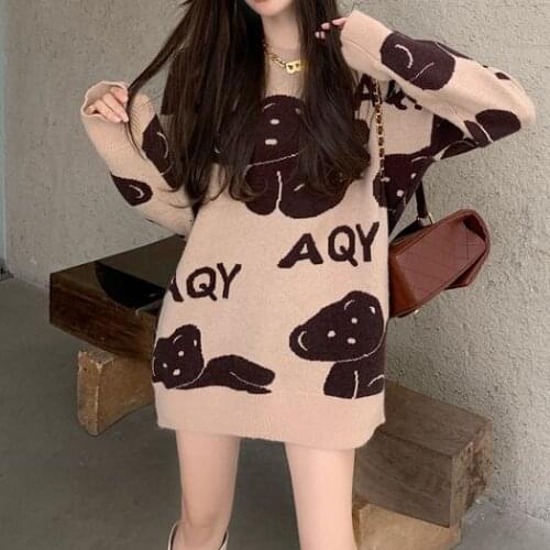 Autumn Winter Sweater Women Bear Pattern Round Collar Knitted Sweater Pullover Kawaii Loose Casual Streetwear Knitted Tops y2k