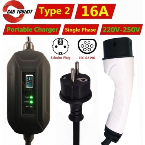 16A Type 2 Portable EV Charger Adapter IEC62196 Convertor EVSE Home Electric Vehicle Car Charging Station Single Phase 220V-250V