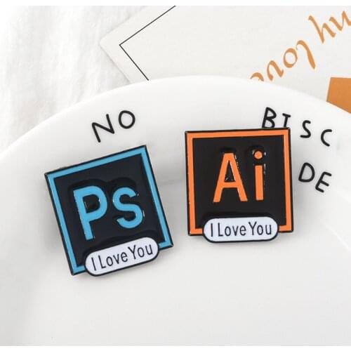 Ai Ps Icon and Phrase 'I Love You' Enamel pins Graphics Processing Tool Badges Brooches for Women Men Designer Jewelry wholesale