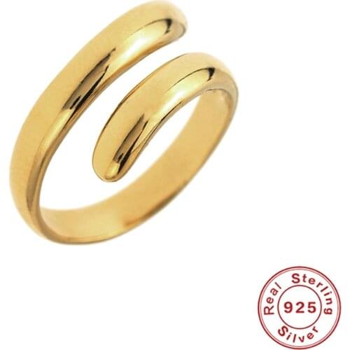 GS 925 Sterling Silver Gold-Plated Simple Resizable Ring Slim Dangle Resizable Round Clips Circle Women Fashion Jewelry