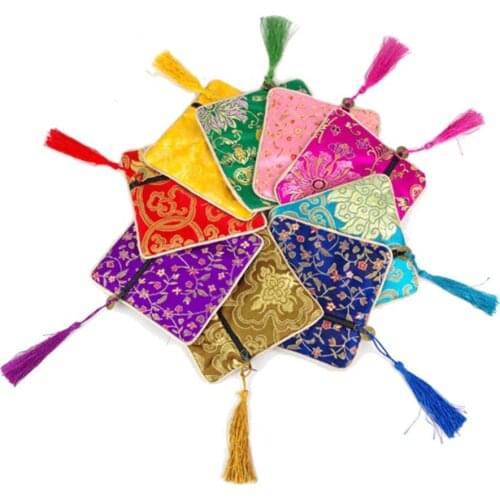 Hot Sales Embroidery Floral Sachet Square Lucky Bag Tassel Zipper Jewelry Storage Pouch