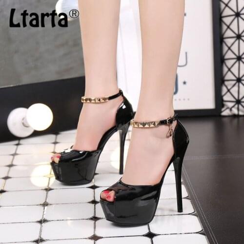 LTARTA Fashion Fish Mouth Waterproof Platform Ultra-high Heel Womens Shoes Studded Patent Leather Womens Sandals ZSH