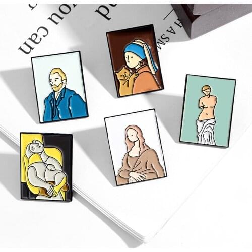 High-End Fashion Cartoon Mona Lisa Van Gogh Oil Painting Pin Personality Ins Tide Shirt Badge Accessories Exquisite Brooch