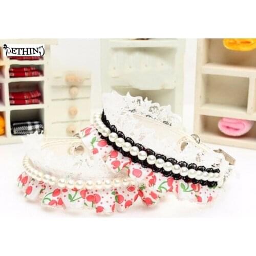 ETHIN New PU Leather Puppy Dog Cat Pearls Lace Necklace Cherry pattern Puppy Collar Pet Strap Collar For Small dog 2 Color