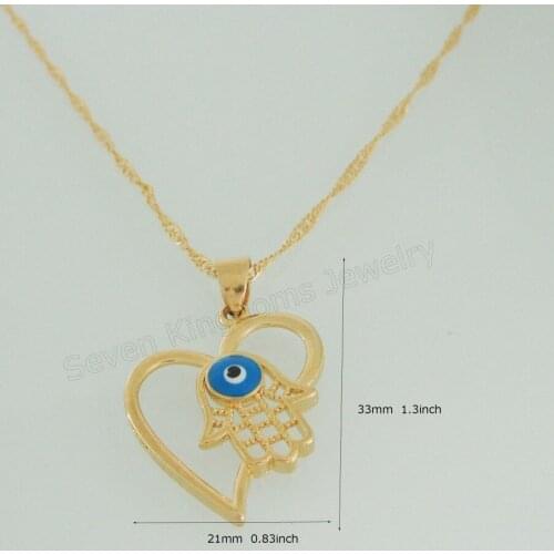 YELLOW GOLD GP 18" NECKLACE & EVIL EYE ENAMEL HAMSA HAND IN HEART SHAPE PENDANT IT HANGS 33MM 1.3inch