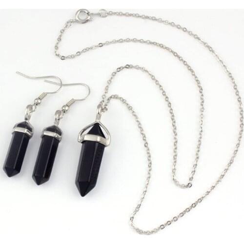 YJXP Silver Plated Small Hexagon Column Pillar Pendant Link Chain Necklaces Black Agates Earrings for Women Charms Jewelry Sets