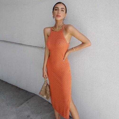 Women Summer Slip Dress 2021 New Sexy Solid Color Knitted Sheer Sleeveless Brace Hollow Dress with Side Slits for Ladies S-L