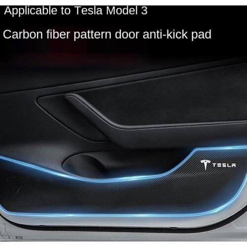 4PCS/set Car Door Anti Kick Pads Protection Mat Leather Carbon Fiber Stickers for Tesla Model 3 Auto Interior Accessories