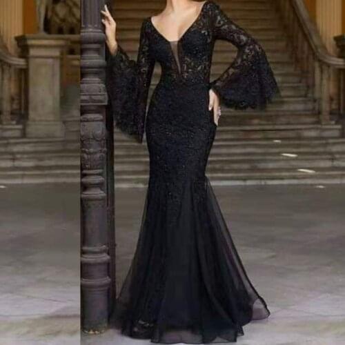 Luxury Lace Embroidery Evening Dresses 2021 Sexy Formal Wedding Party Gowns Fashion Black Long Sleeve Robe De Soiree