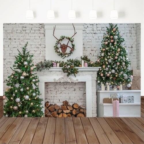 Christmas Theme Backdrop Party Decorative Tree antlers Fireplace Gift White Retro Wall Photography Background For Photo Studio