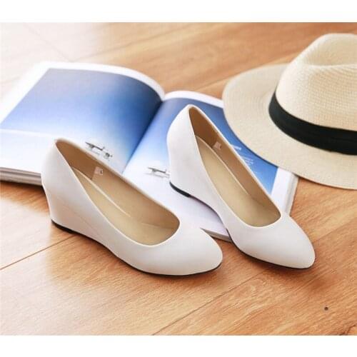 High Heels Pumps Wedge Heels Women Shoes 2020 Spring Slip on Round Toe Dress Office Weddign Shoes Bridal Pink White Size 33-43